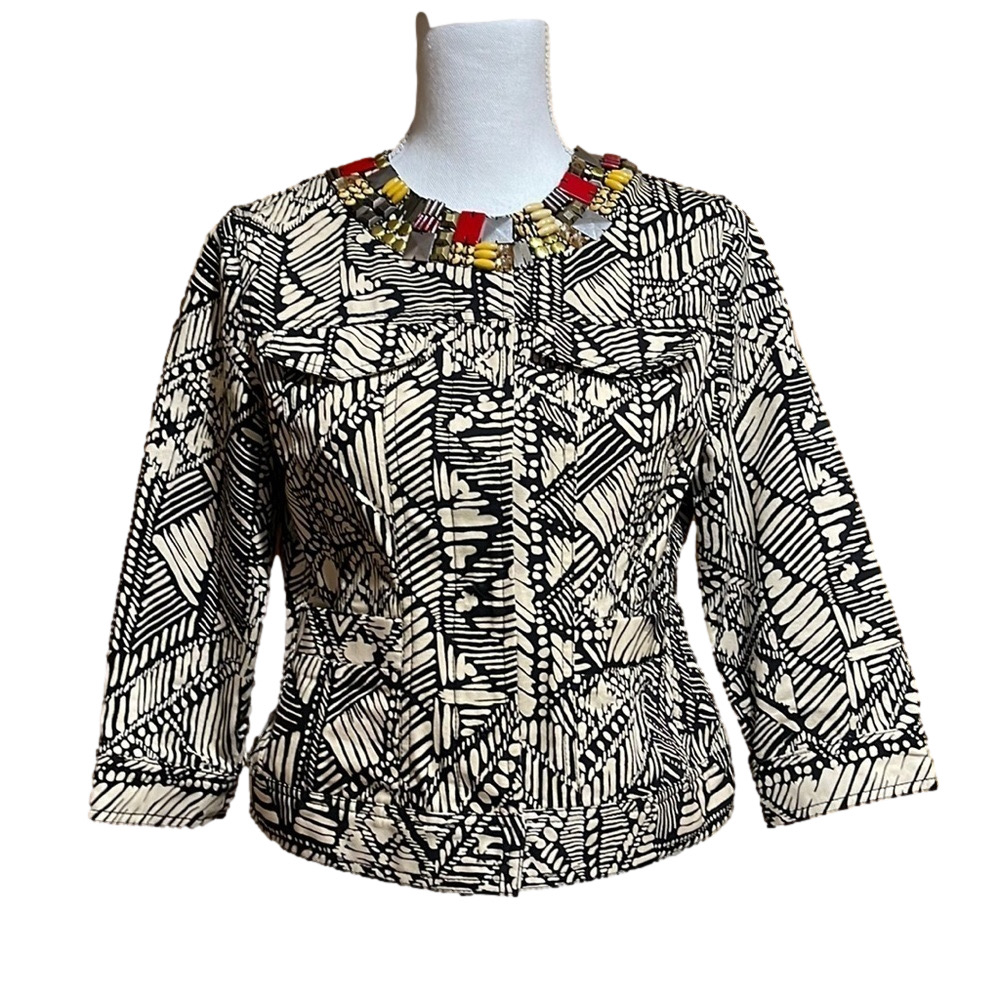 Chico’s Hidden Snap Front Jacket with Beaded Collar - EUC